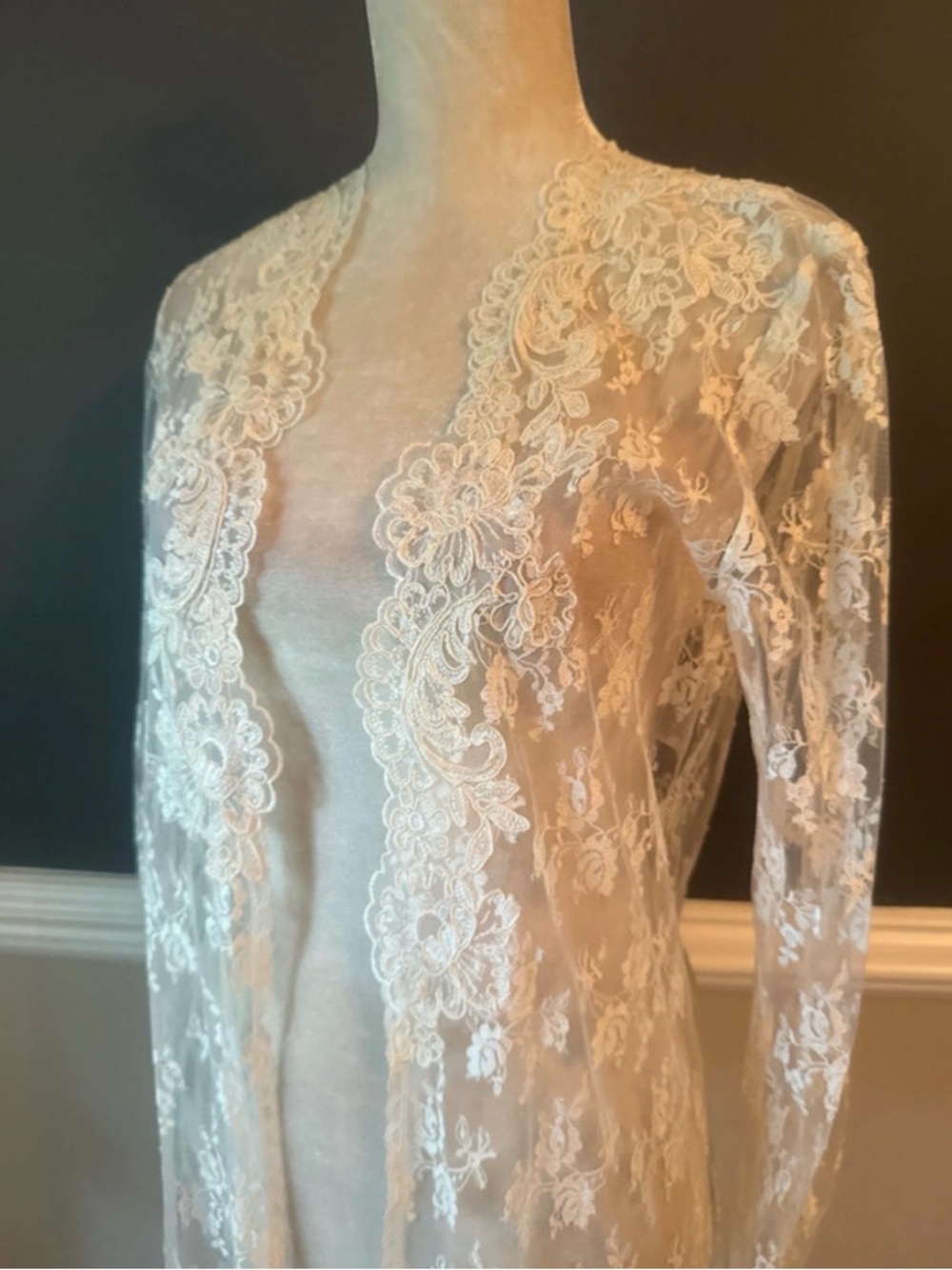 Vintage 90’s Ivory Sheer Lace Long Robe — Elegant Cover-Up - Picture 2 of 6